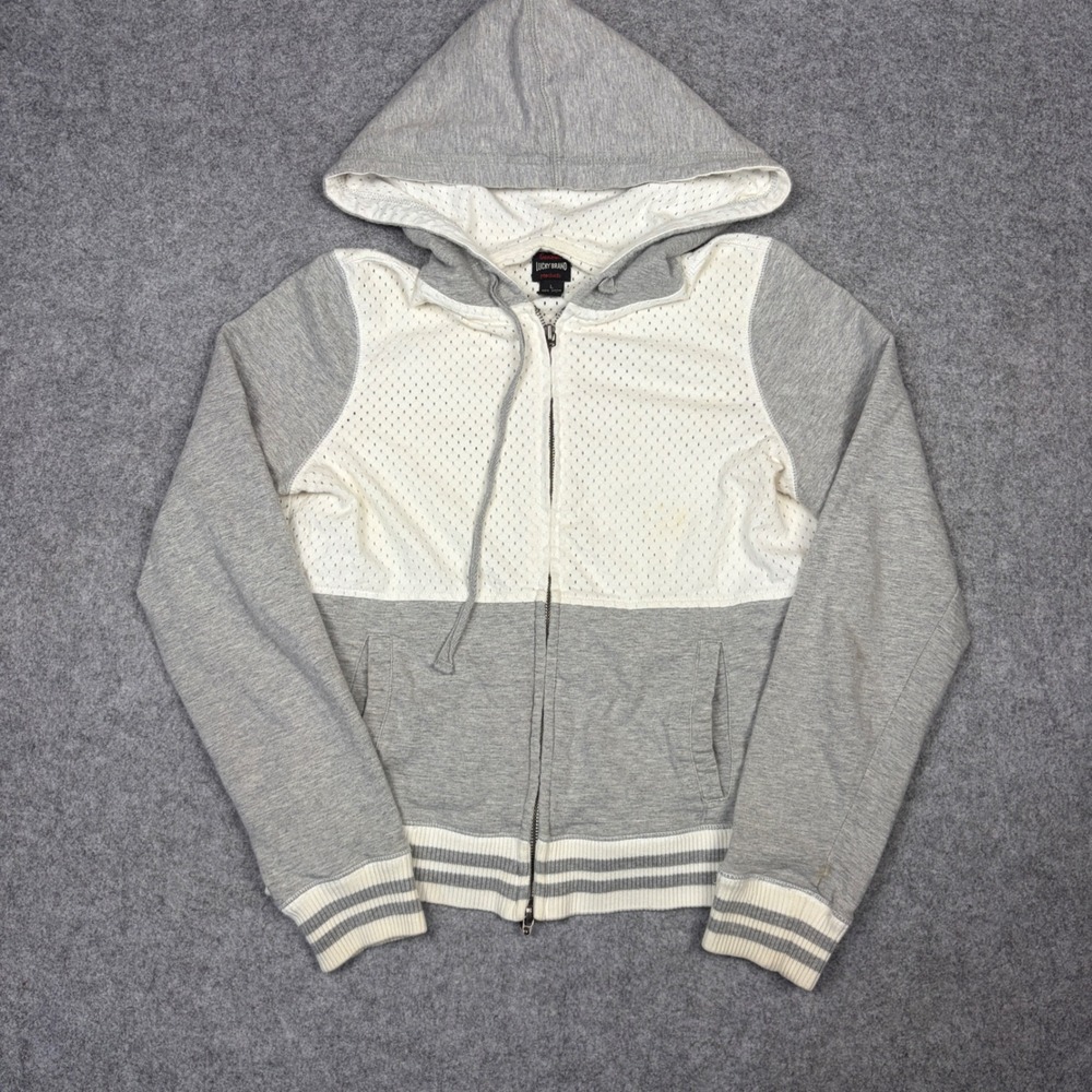 Lucky Brand Mens Grey White Mesh Full Zip Hoodie Sweatshirt Large Cotton
